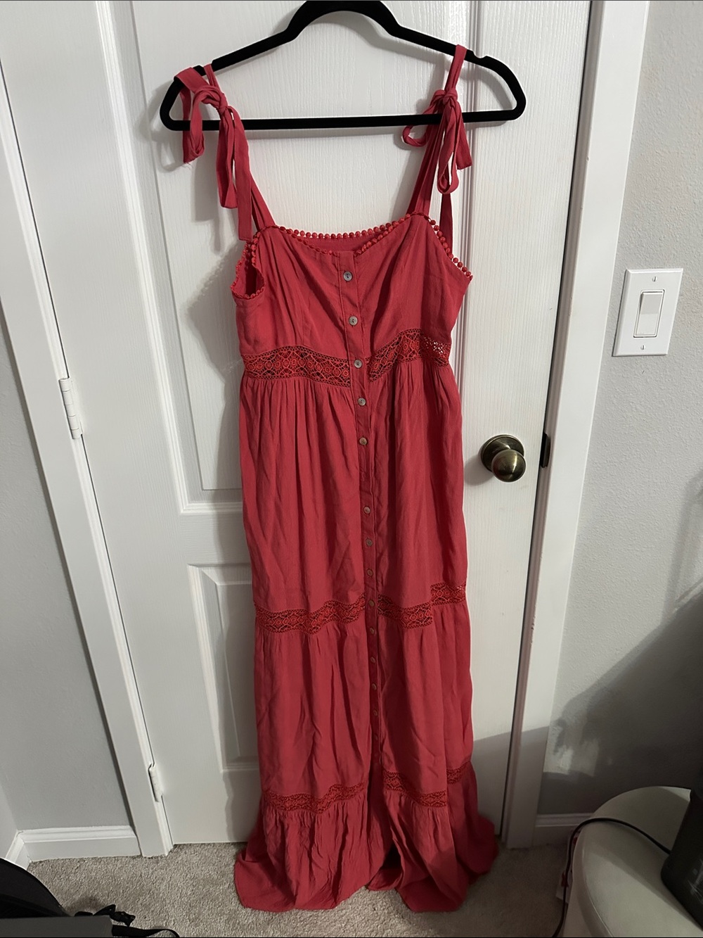 Forever 21 Coral Tie-Shoulder Button-Front Maxi Dress